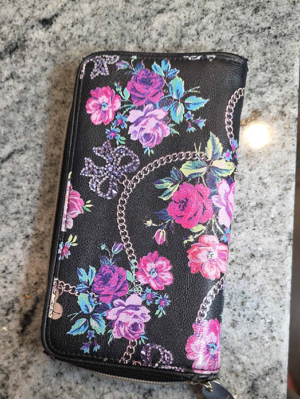 Betsey Johnson Black Floral Zip-Around Wallet with Pink & Blue Roses - Picture 2 of 5